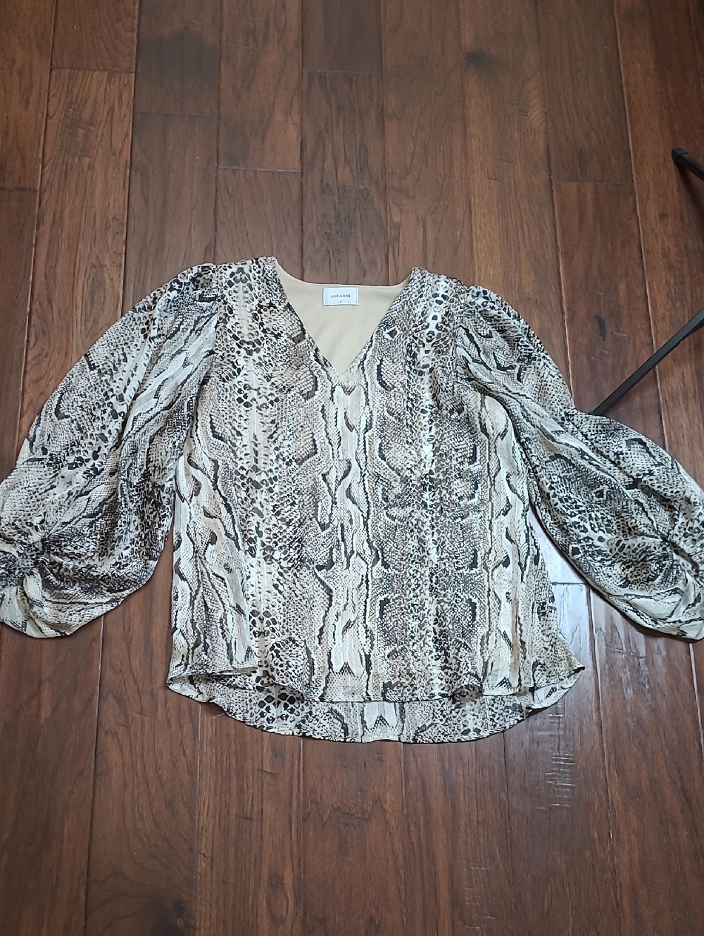 Adrienne Snake-Print V-Neck Blouse Sheer Balloon Sleeves & Gold Threading Size M